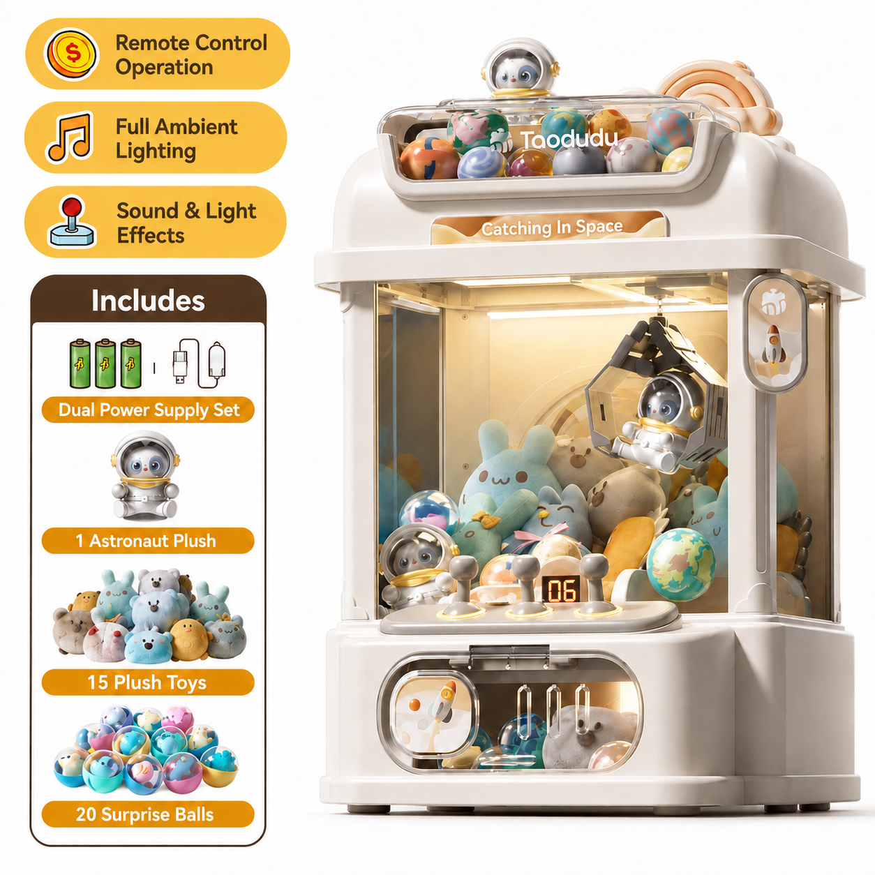 Space theme claw machine toy for kids with remote control, ambient lighting, sound effects, plush toys and surprise balls