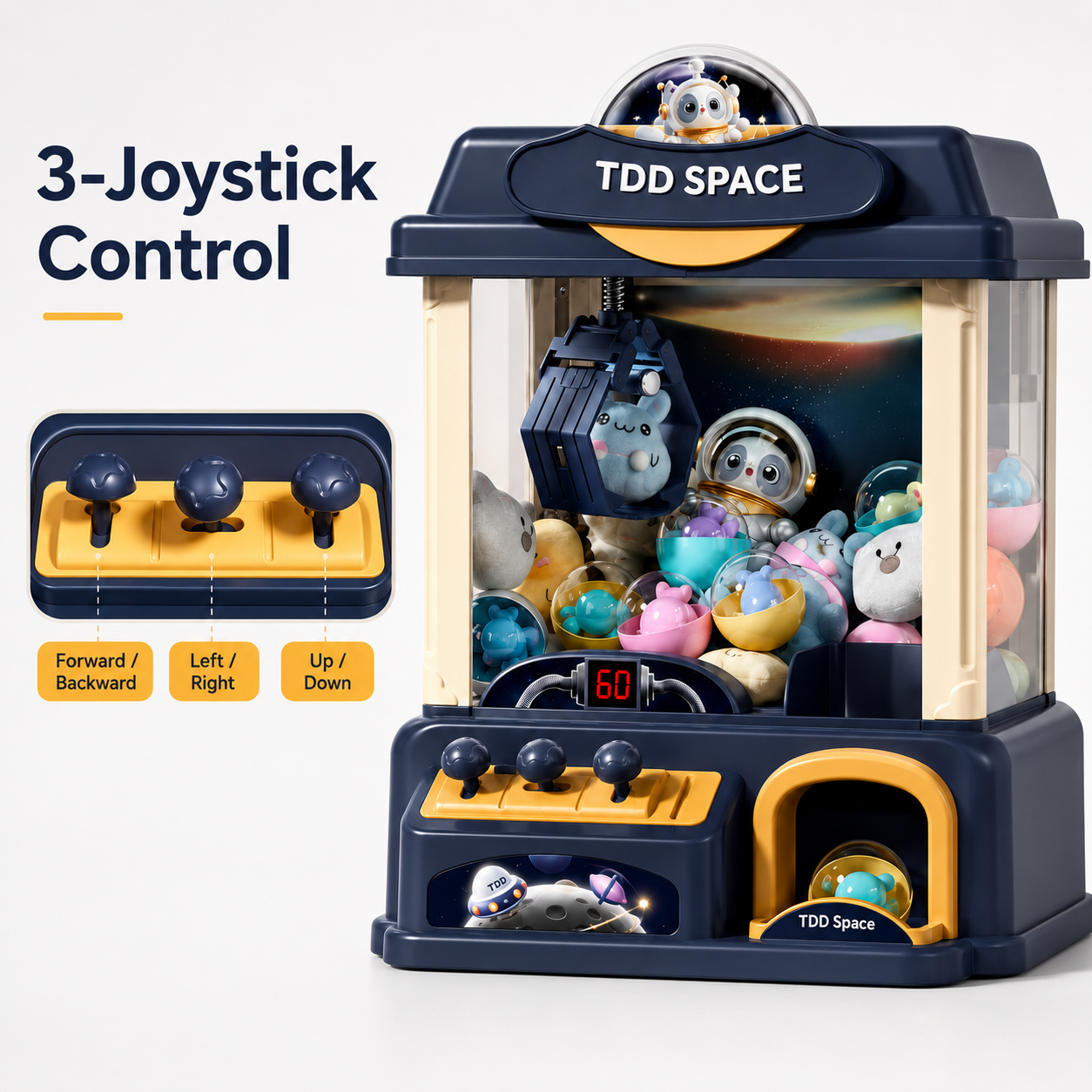 Space theme claw machine toy for kids with 3-joystick control music ambient lights and plush prizes