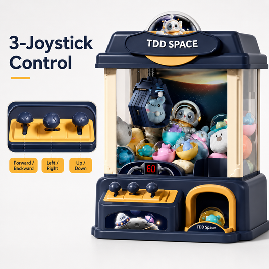 Space theme claw machine toy for kids with 3-joystick control music ambient lights and plush prizes