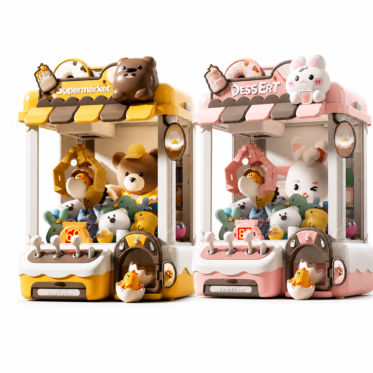 This supermarket-themed claw machine toy is designed specifically for children, featuring an adorable bear mascot, plush toys, dinosaur eggs, surprise balls, three-bar joystick controls, simulated coin insertion, and fun light and sound effects. It's perfect for interactive arcade games and can also help develop children's hand-eye coordination.