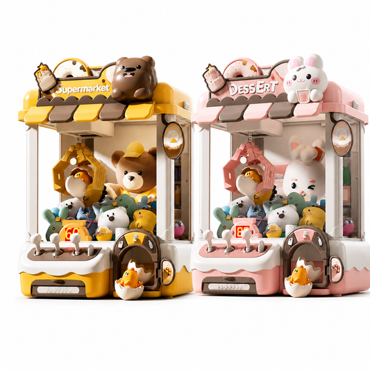 This supermarket-themed claw machine toy is designed specifically for children, featuring an adorable bear mascot, plush toys, dinosaur eggs, surprise balls, three-bar joystick controls, simulated coin insertion, and fun light and sound effects. It's perfect for interactive arcade games and can also help develop children's hand-eye coordination.