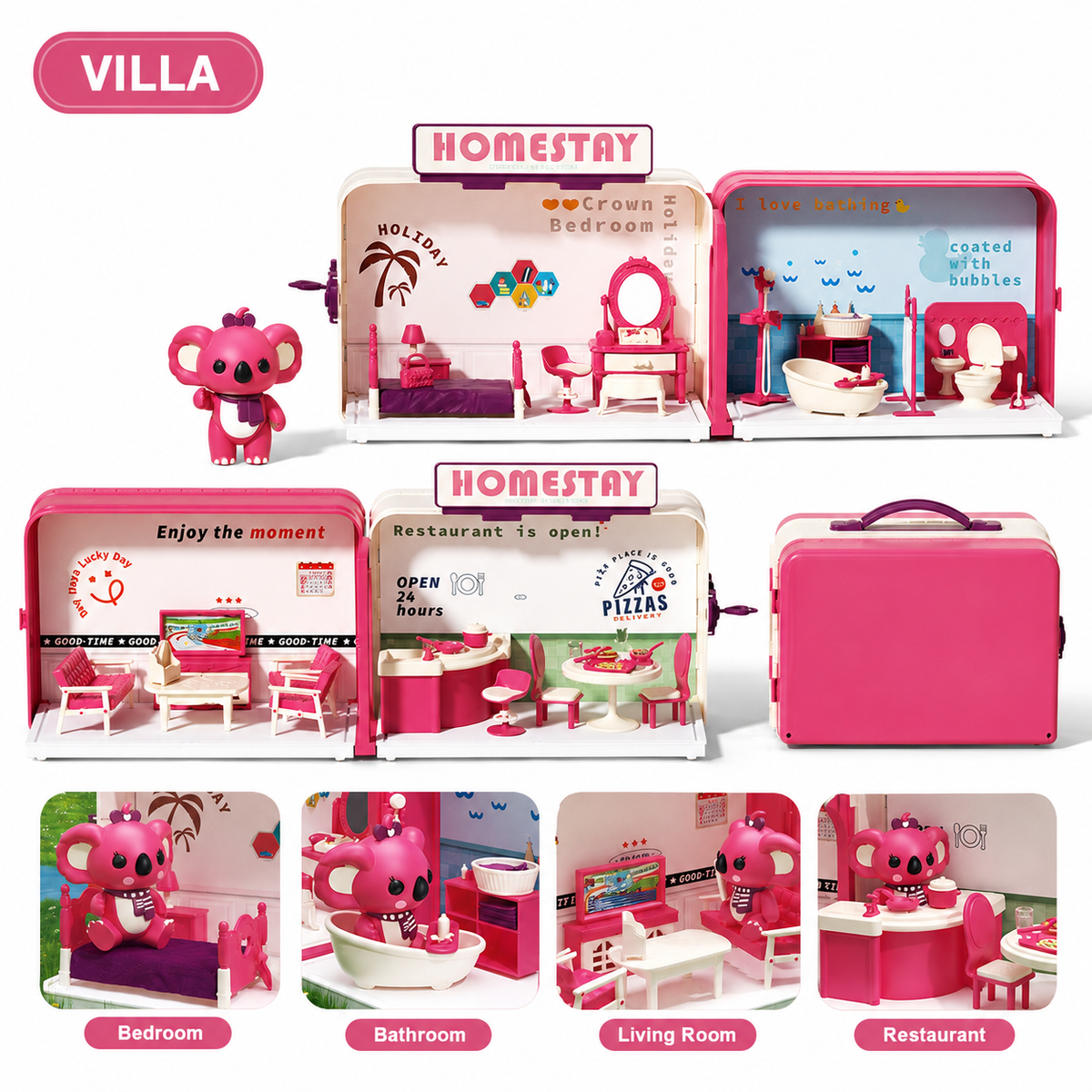 Villa suitcase dollhouse toy set for kids with pretend play furniture and portable carry case