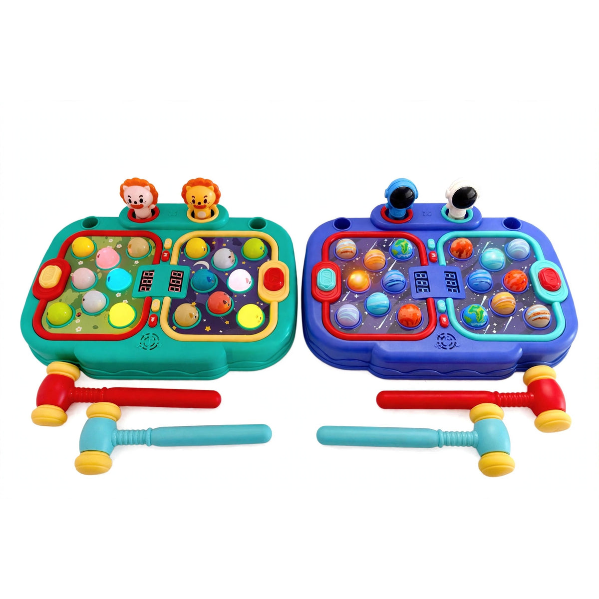 Whack a mole game machine toy in green HLT-1556 and blue HLT-1622 side by side, each with two soft hammers, on a white background