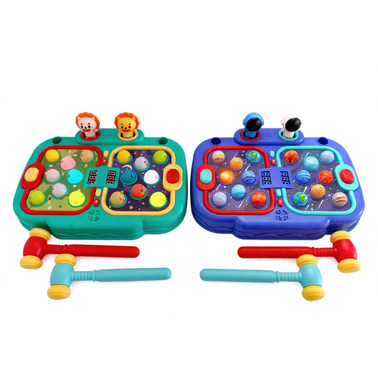 Whack a mole game machine toy in green HLT-1556 and blue HLT-1622 side by side, each with two soft hammers, on a white background