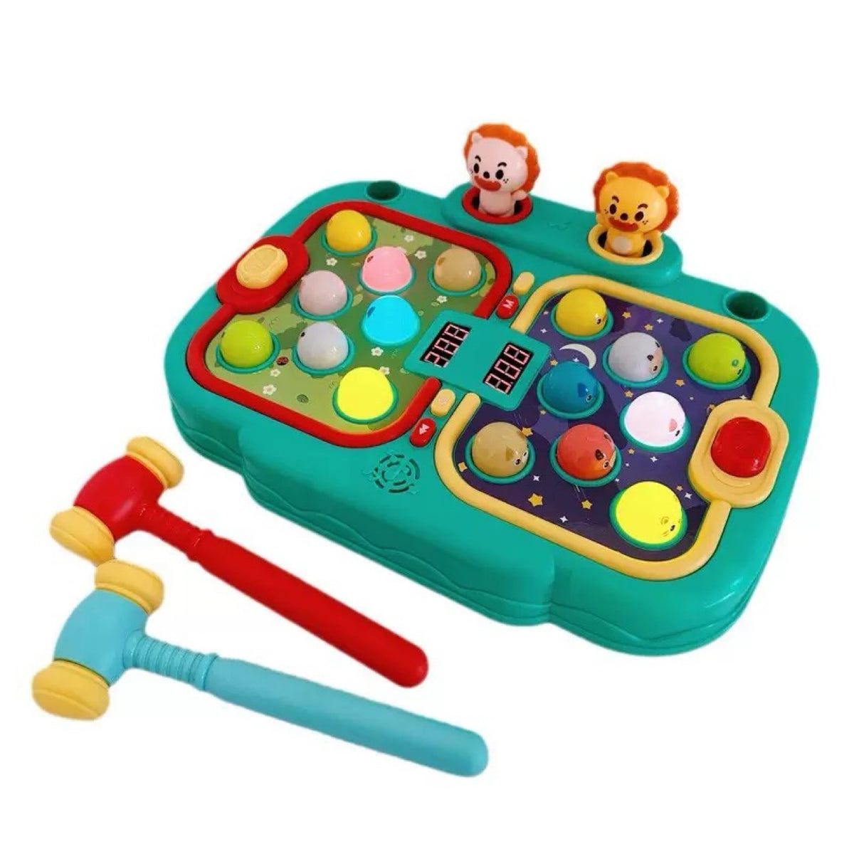 Angled view of the green whack a mole game machine showing two play fields with 16 colorful light-up buttons and two toy hammers in front