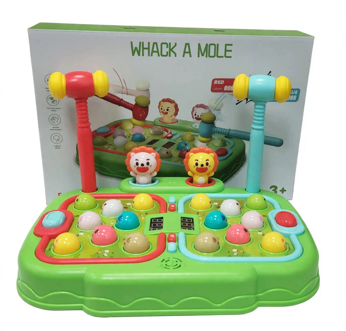 Green whack a mole game machine with retail color box behind it, dual play fields, two LED score displays and two hammers