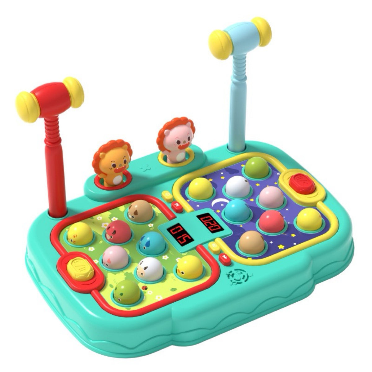 Whack a mole electric game console in green with light-up buttons, two pop-up figures, dual score counters and hammers in their holders
