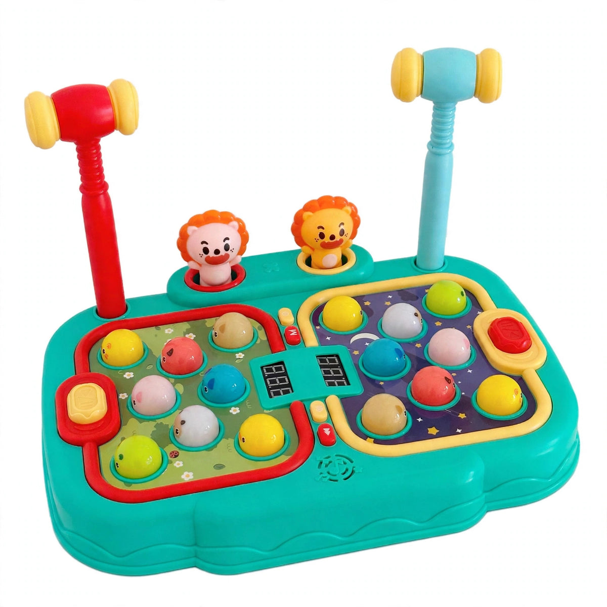 Front view of the green 2 player whack a mole game machine with two hammers docked in holders, colorful light-up buttons and two score displays