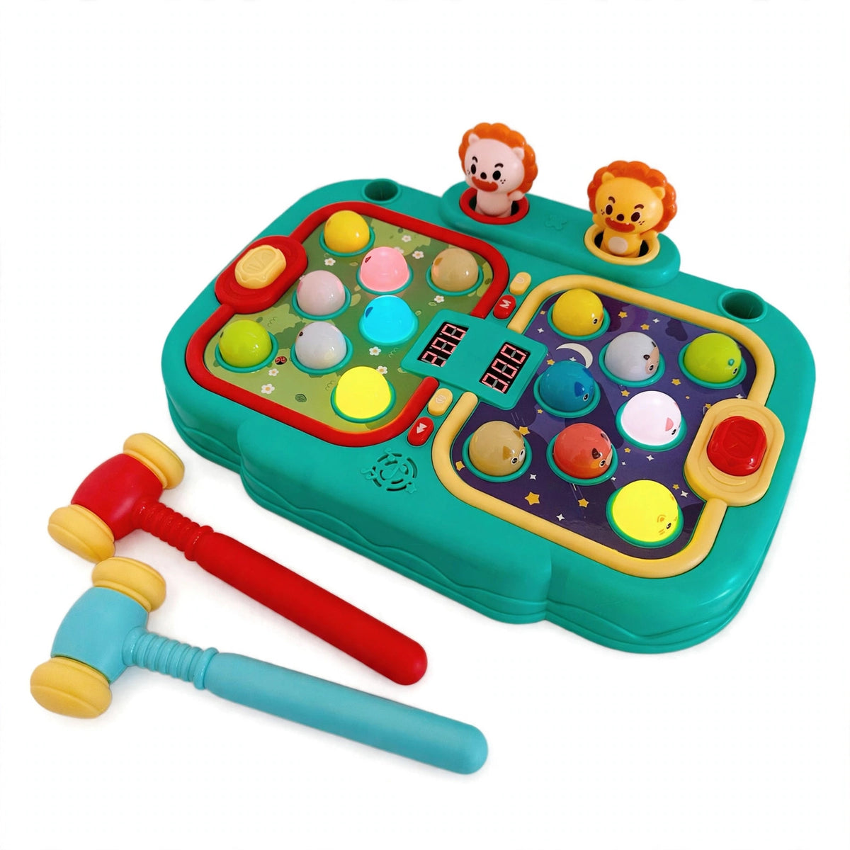 Whack a mole game machine toy in green, HLT-1556, with two soft hammers, pop-up figures and dual LED score displays on a white background