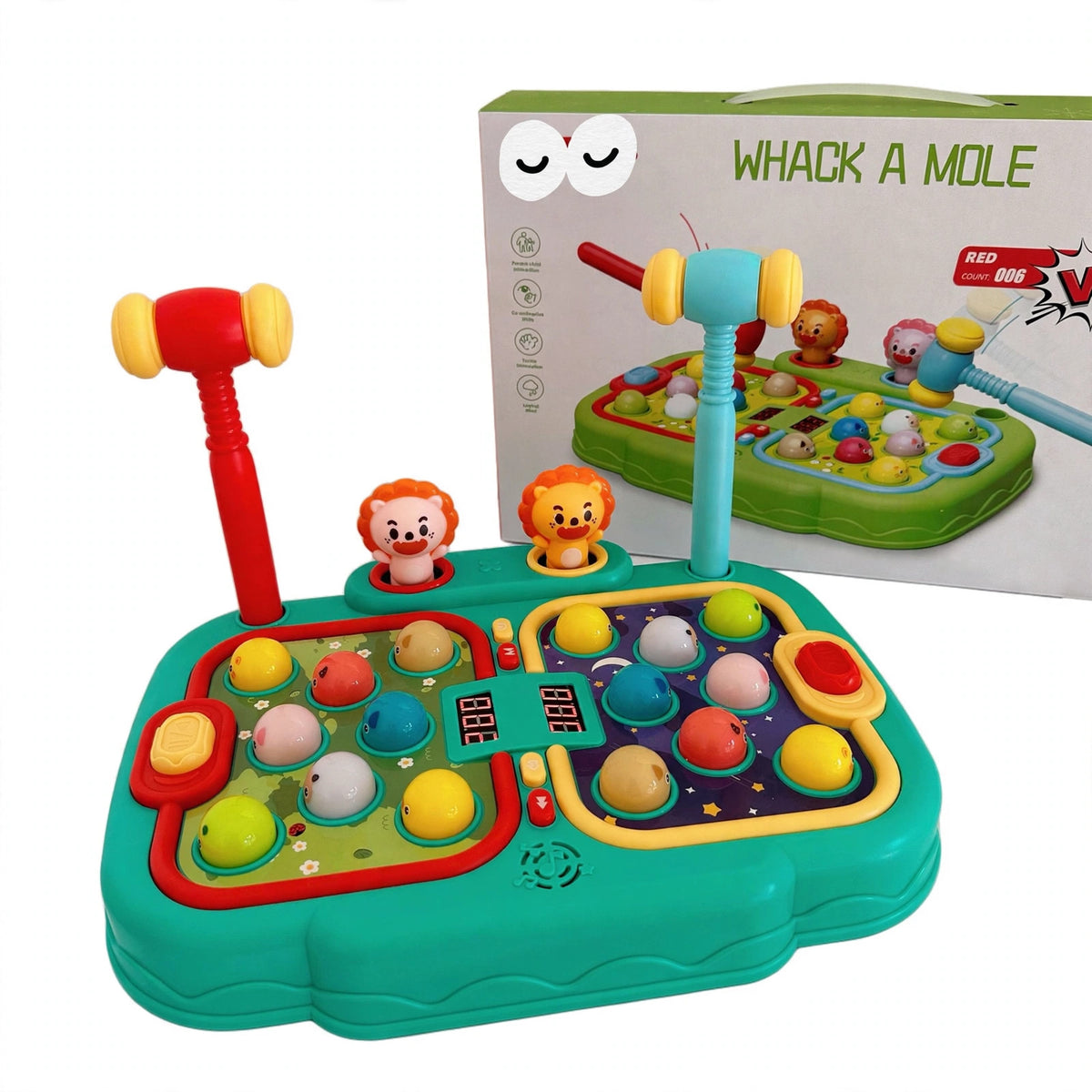 Whack a mole game machine toy in green shown with its retail color box, two hammers docked and two pop-up figures