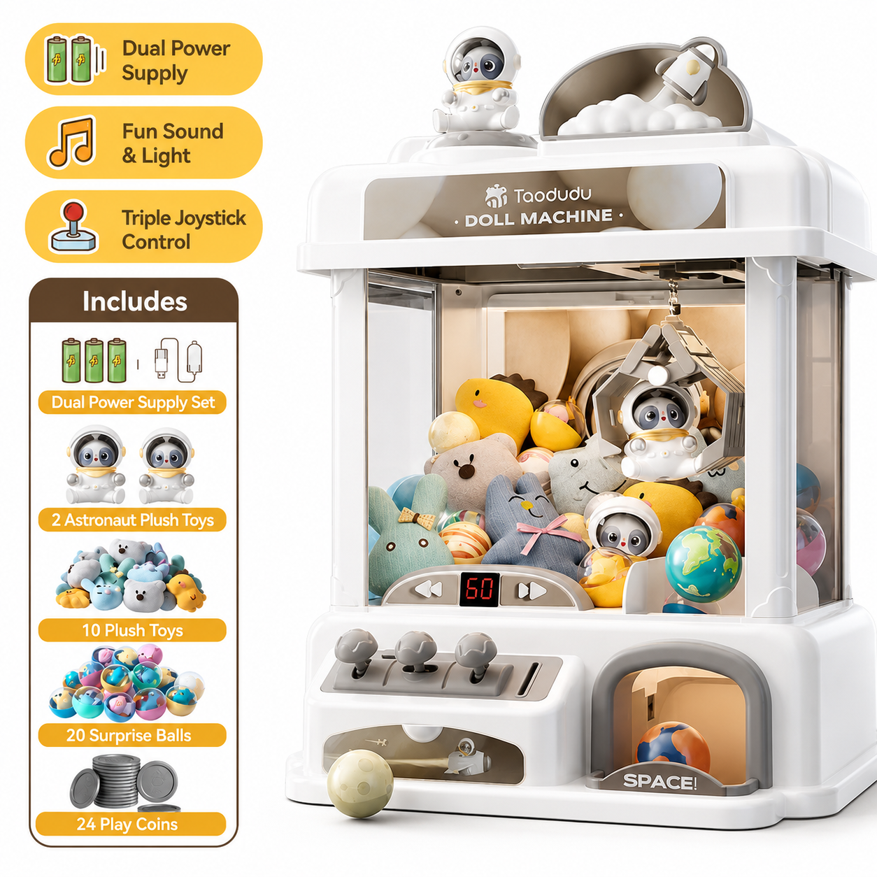 White space astronaut claw machine toy for kids with triple joystick control, sound lights, astronaut plush toys, planet balls and surprise balls