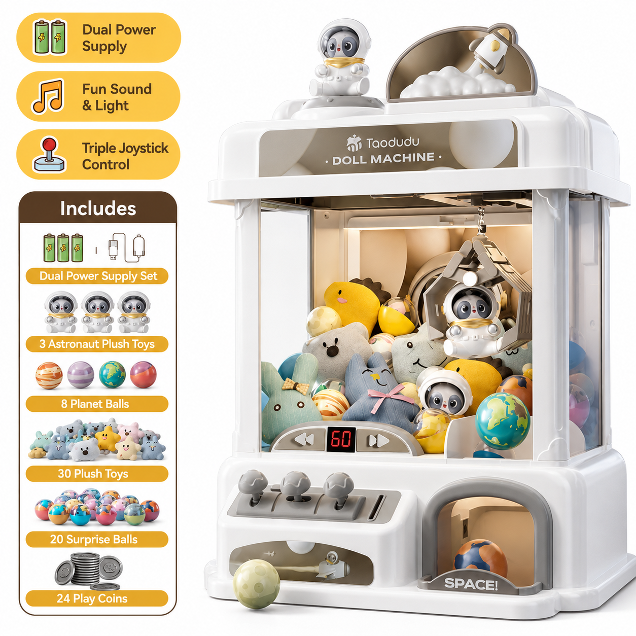 White space astronaut claw machine toy for kids with triple joystick control, sound lights, astronaut plush toys, planet balls and surprise balls
