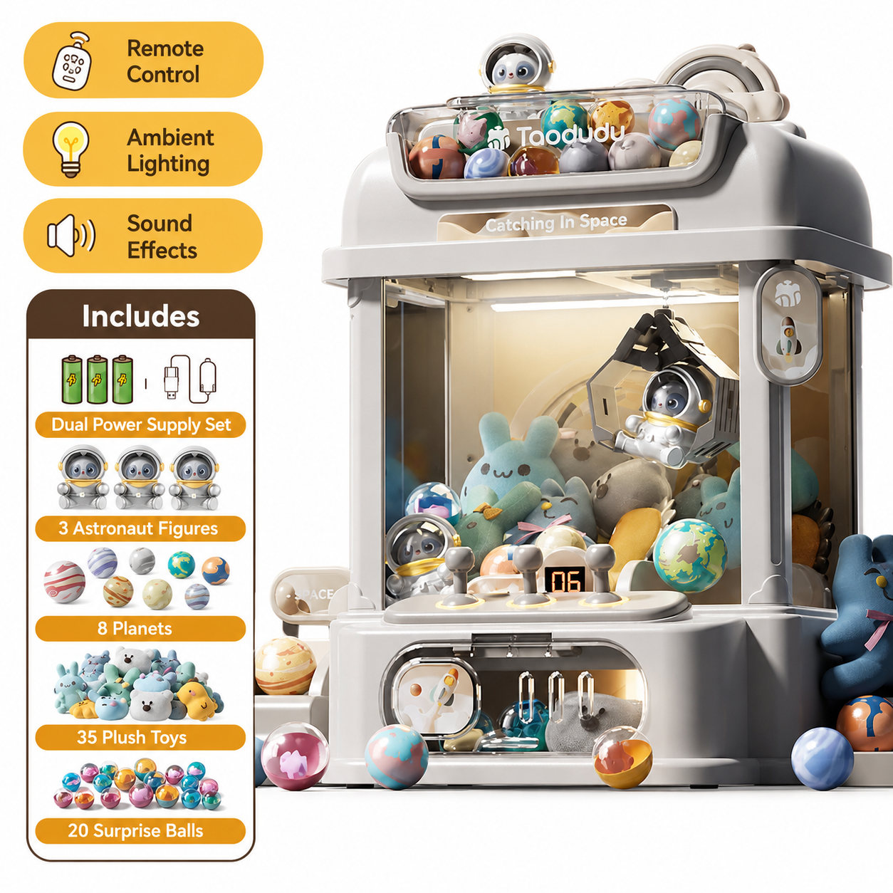 White space theme claw machine toy for kids with dual power supply, astronaut plush, plush toys and surprise balls