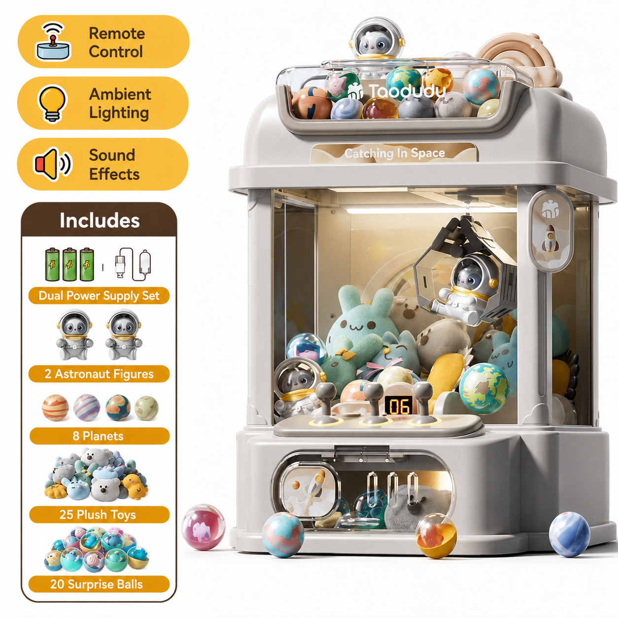 White space theme claw machine toy for kids with dual power supply, astronaut plush, plush toys and surprise balls